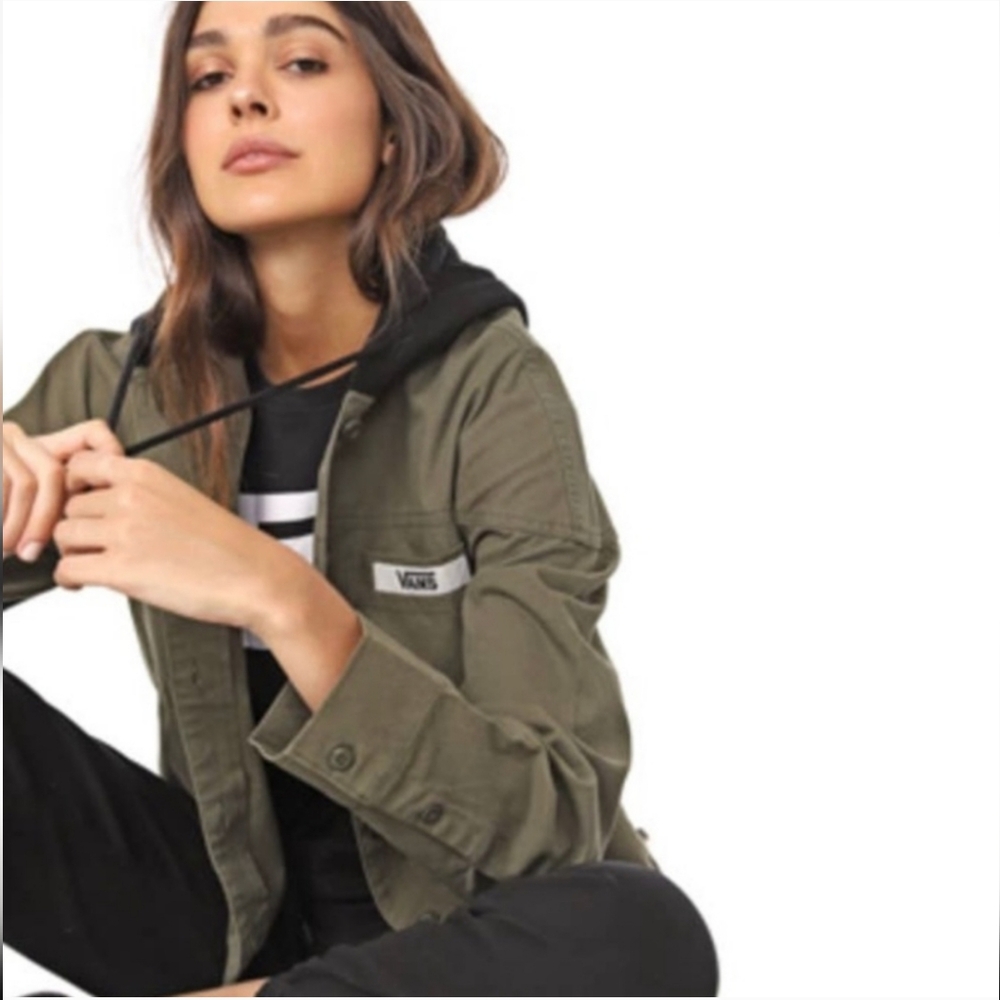 Vans Logo Khaki Army Green Crop Hoodie Button Down Jacket Size S